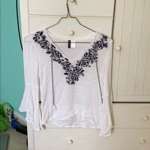 White Blouse with Navy Floral Design